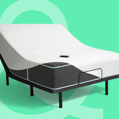 Tuft & Needle Mint Luxe Hybrid Mattress with mattress protector on a baselogic Pearl Adjustable Base with the head raised