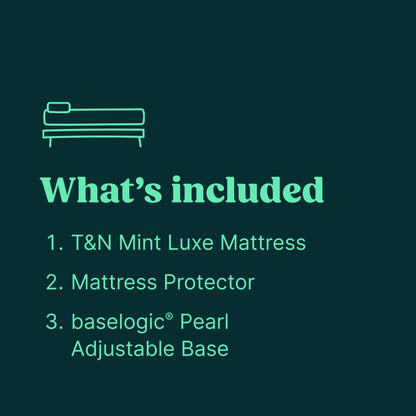 Tuft & Needle bundle includes the Mint Luxe Hybrid Mattress, a Mattress Protector and a baselogic Pearl Adjustable Base