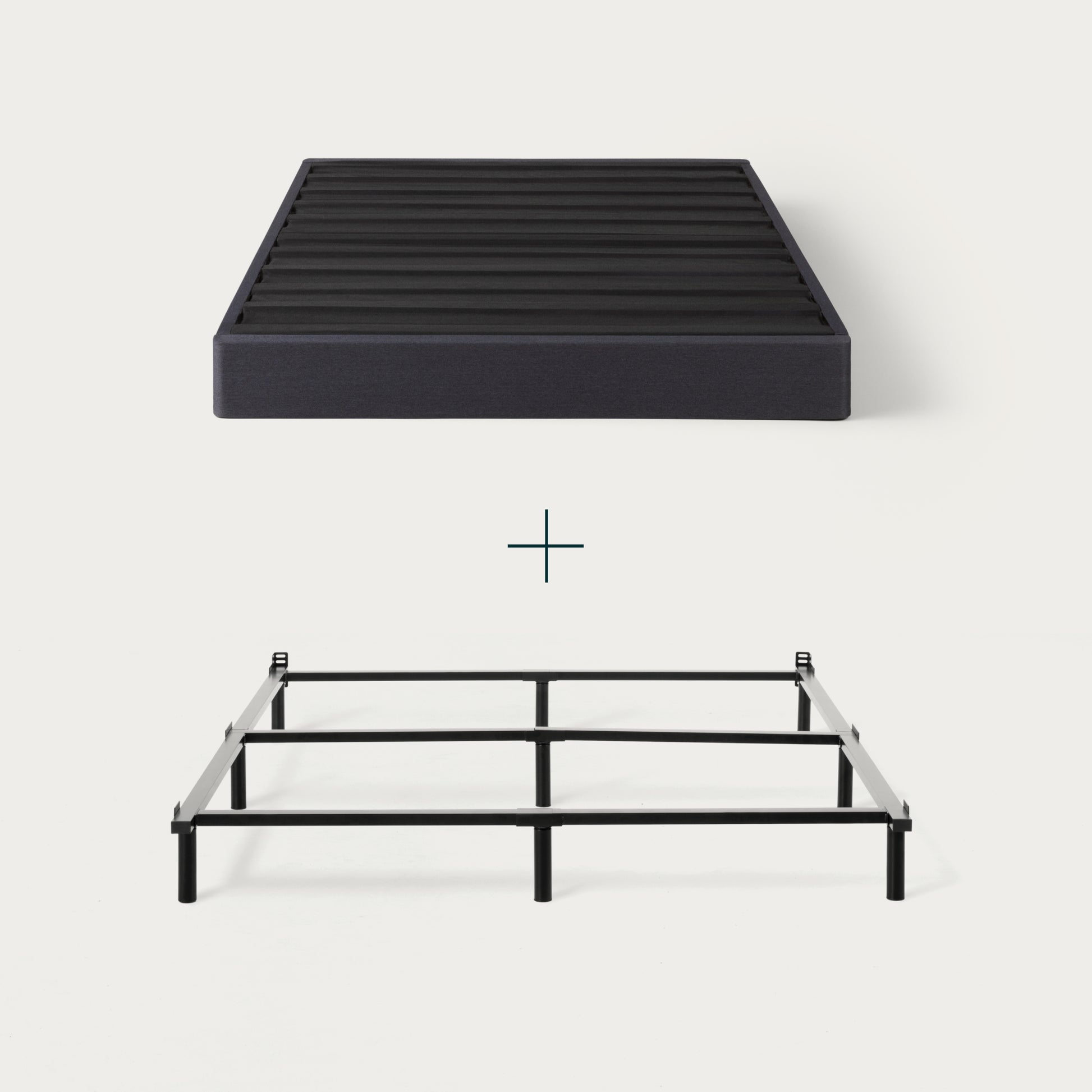 Tuft & Needle Black bed frame and black colored mattress foundation on a white background