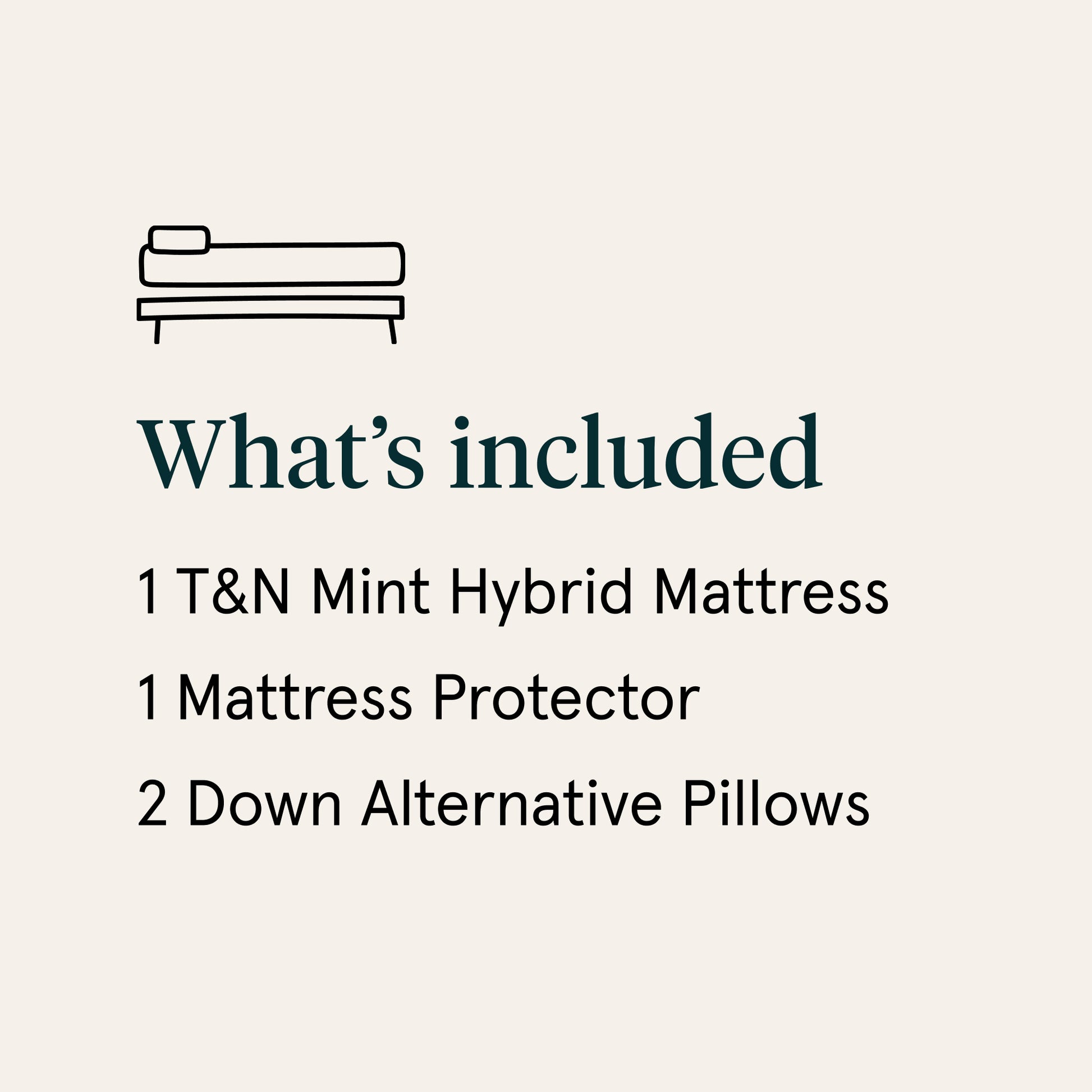 List of included items for a T&N Mint Hybrid Mattress on a beige background