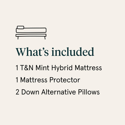 List of included items for a T&N Mint Hybrid Mattress on a beige background