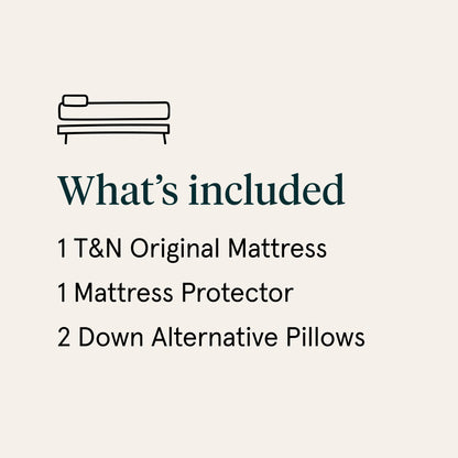 List of included items for a T&N Original Mattress set on a beige background.