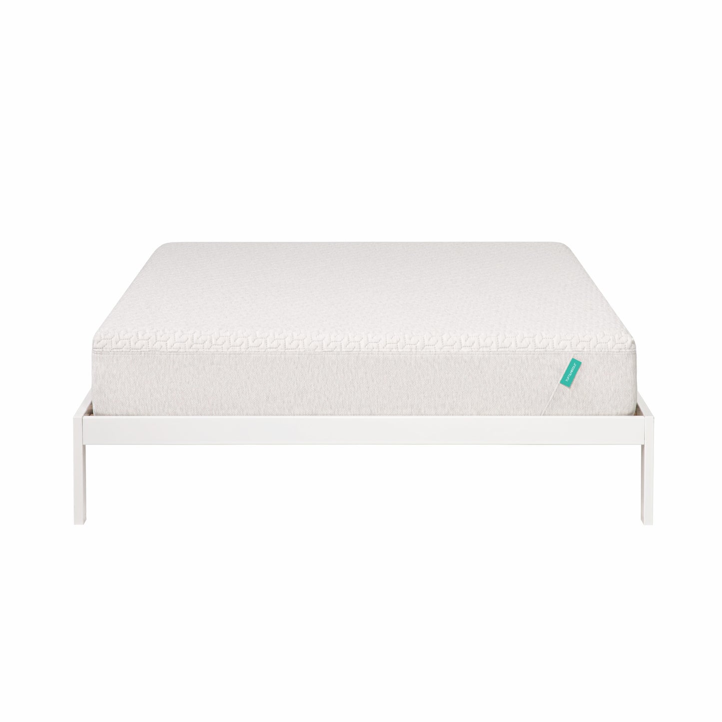 Foam mattress sites on a white bed frame. 