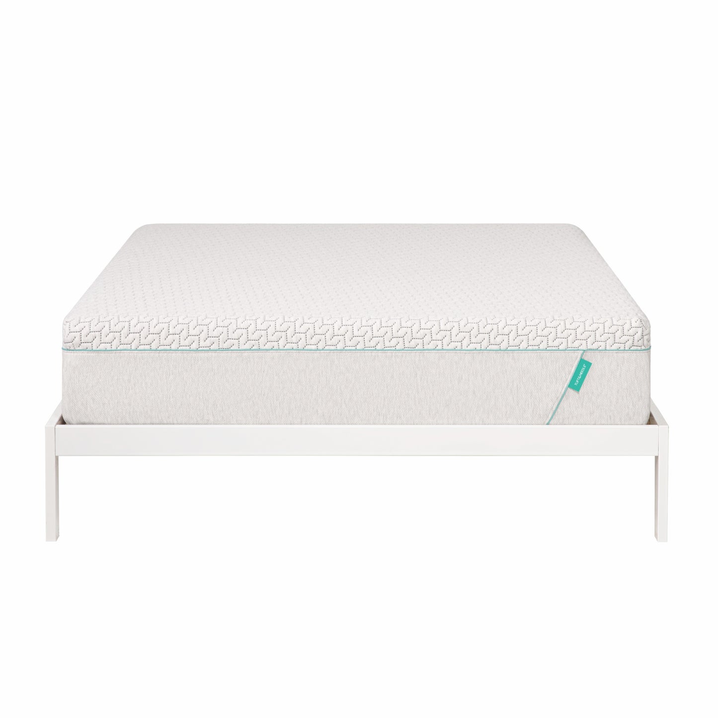 Hybrid mattress sits on white bed frame.