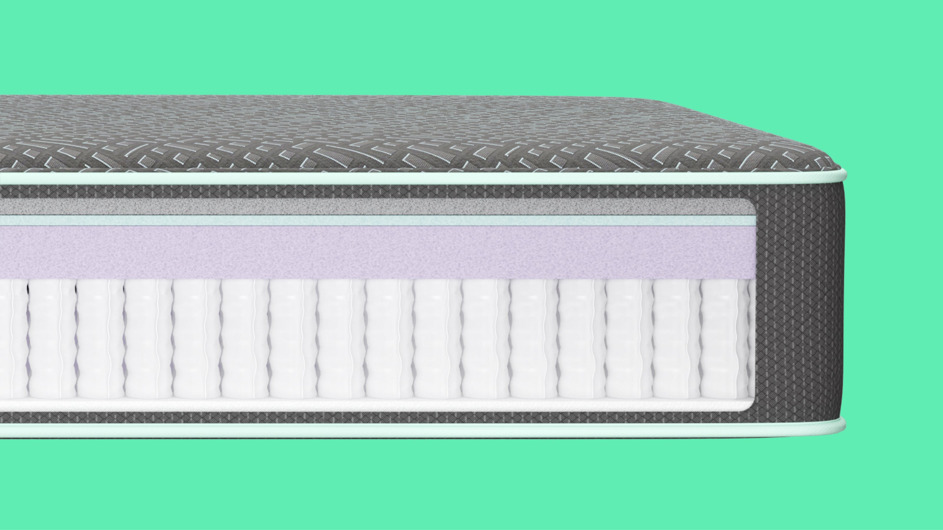 Closeup of the Tuft and Needle Mint Hybrid Mattress II and the inner workings of the mattress.
